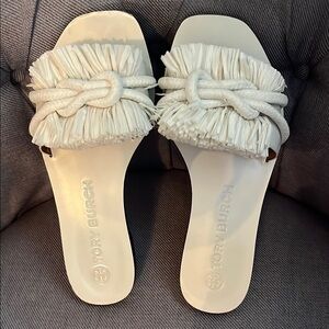 Tory Burch Bone White Rafia Embellished Slides